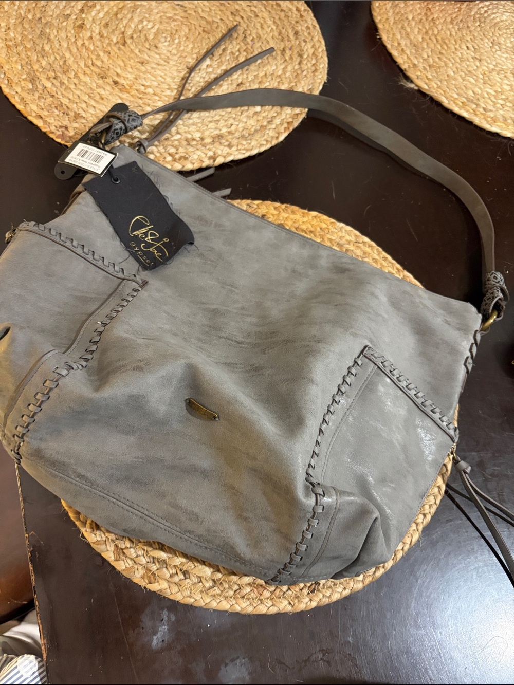 Elle Jae Gypsy Woven-Trim Gray Leather Hobo Satchel NEW NWT